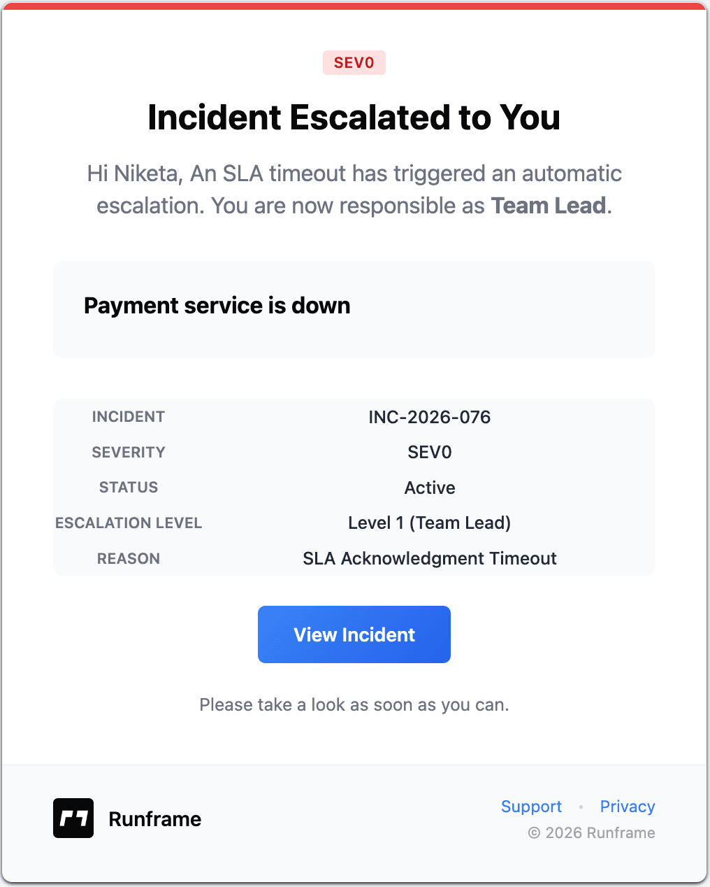 Escalation email showing incident severity, status, escalation level, and reason