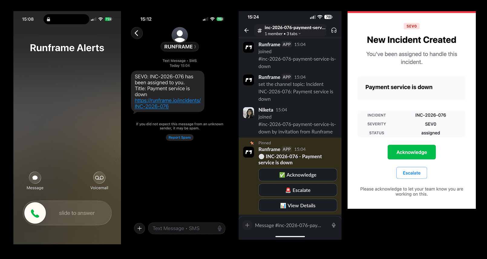 Composite multi-channel alerting hero showing Slack, SMS, phone call, and email delivery for the same incident