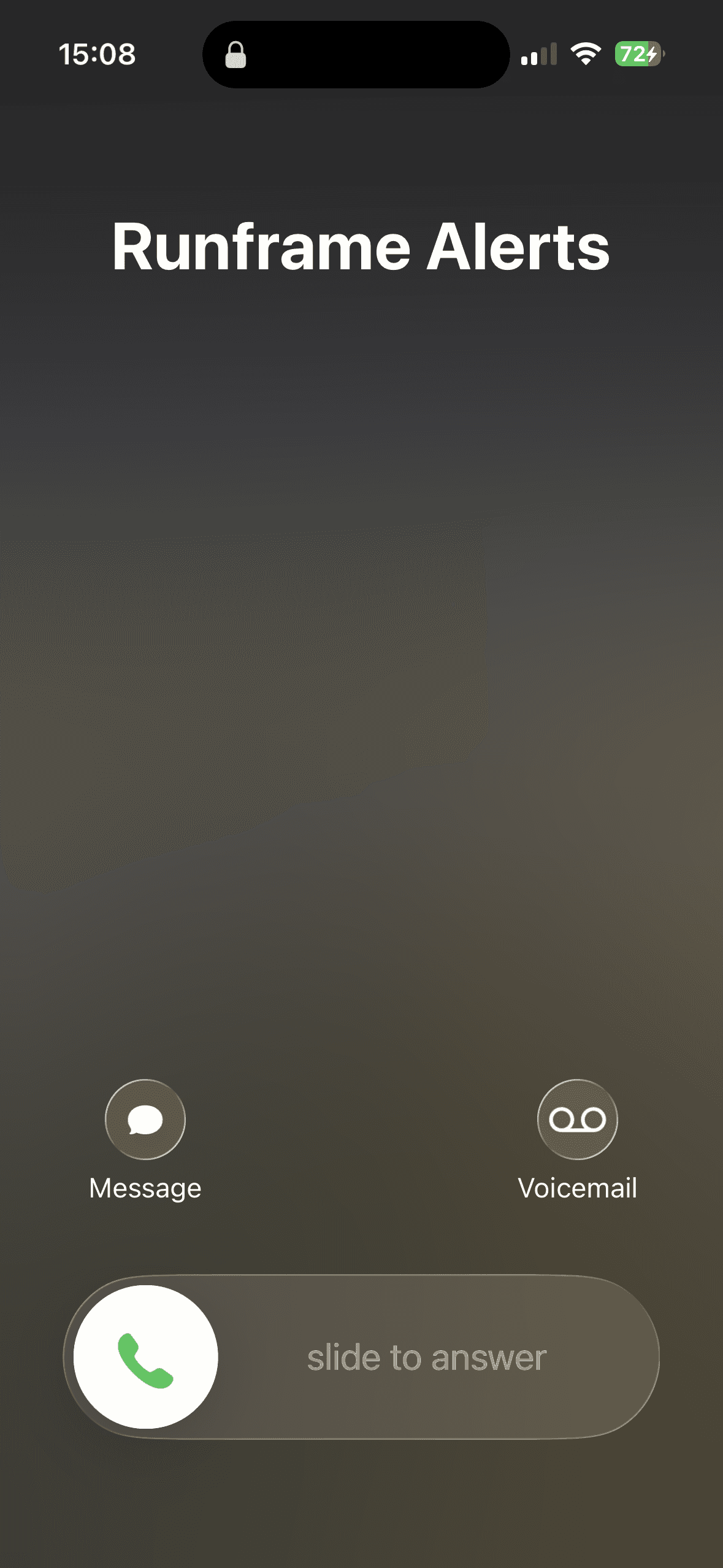 Incoming Runframe Alerts phone call screen for an urgent incident