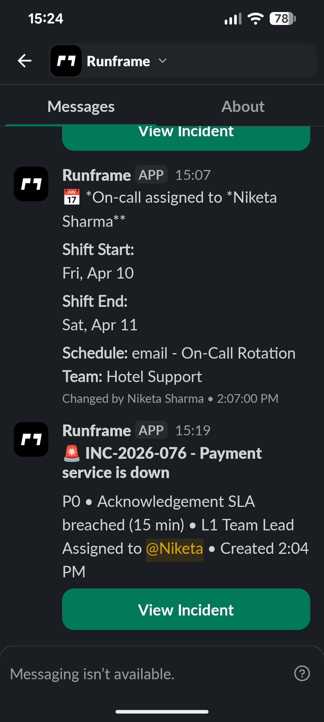 Slack DM from Runframe showing on-call assignment details and incident escalation message