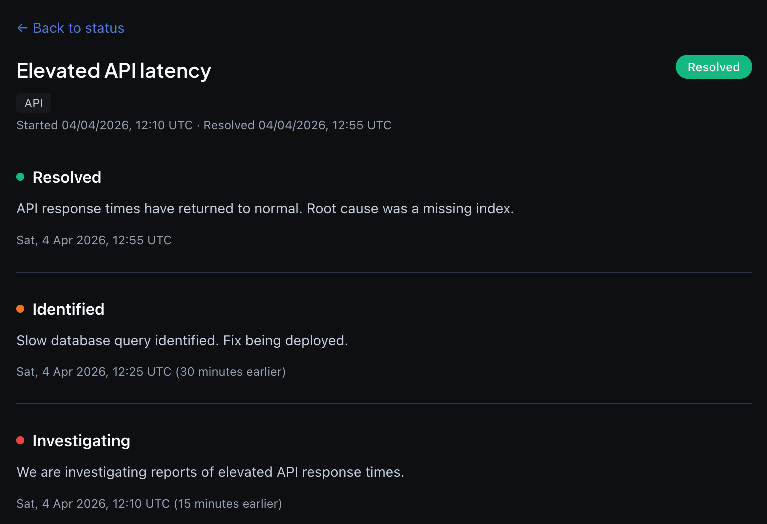 Public incident detail page with status updates for investigating, identified, and resolved stages