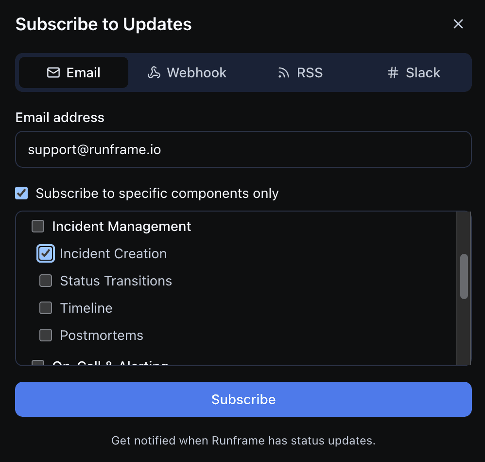 Subscribe to updates modal with Email, Webhook, RSS, and Slack options plus component-specific subscriptions