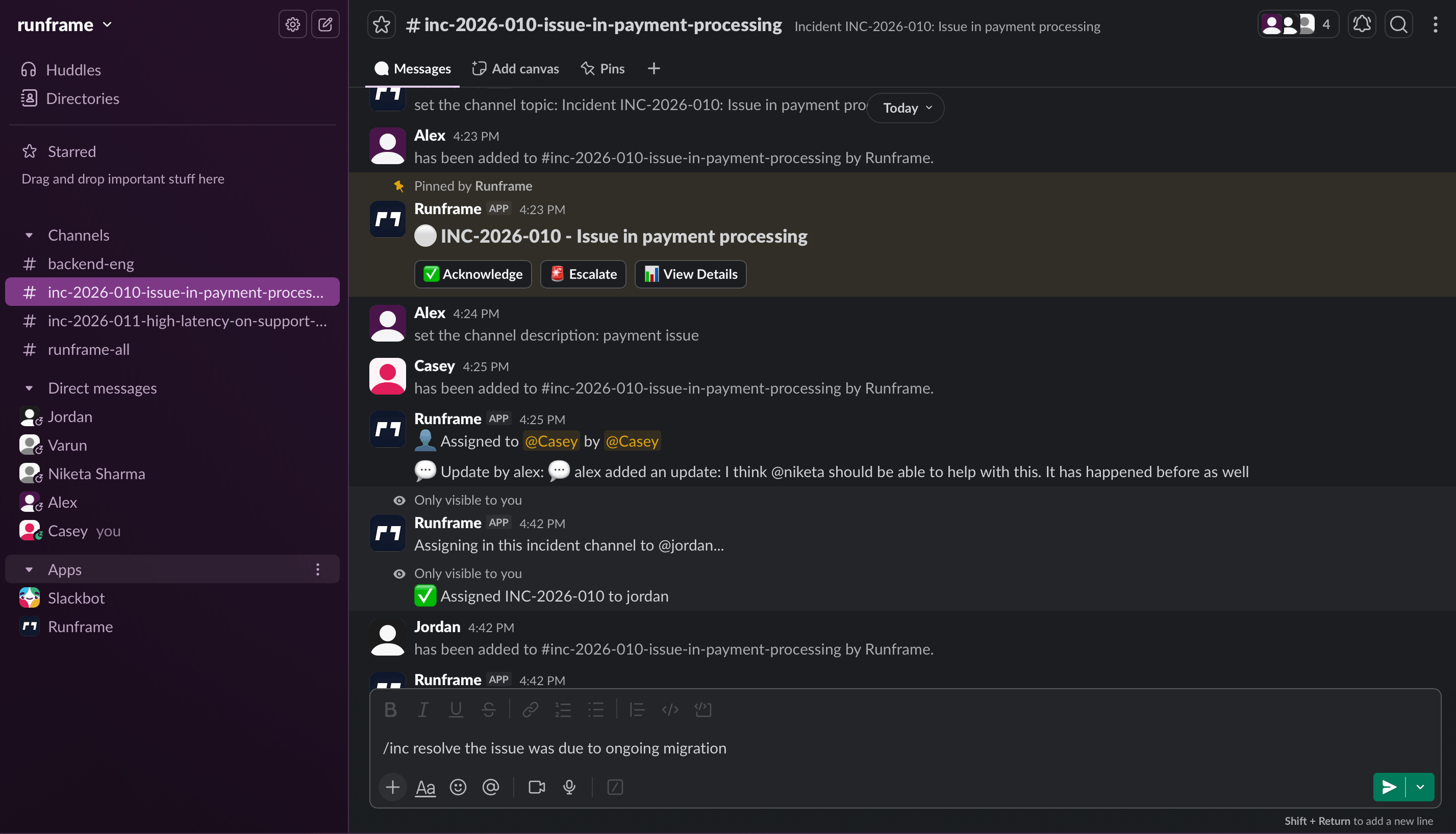 Runframe Slack Integration Dashboard