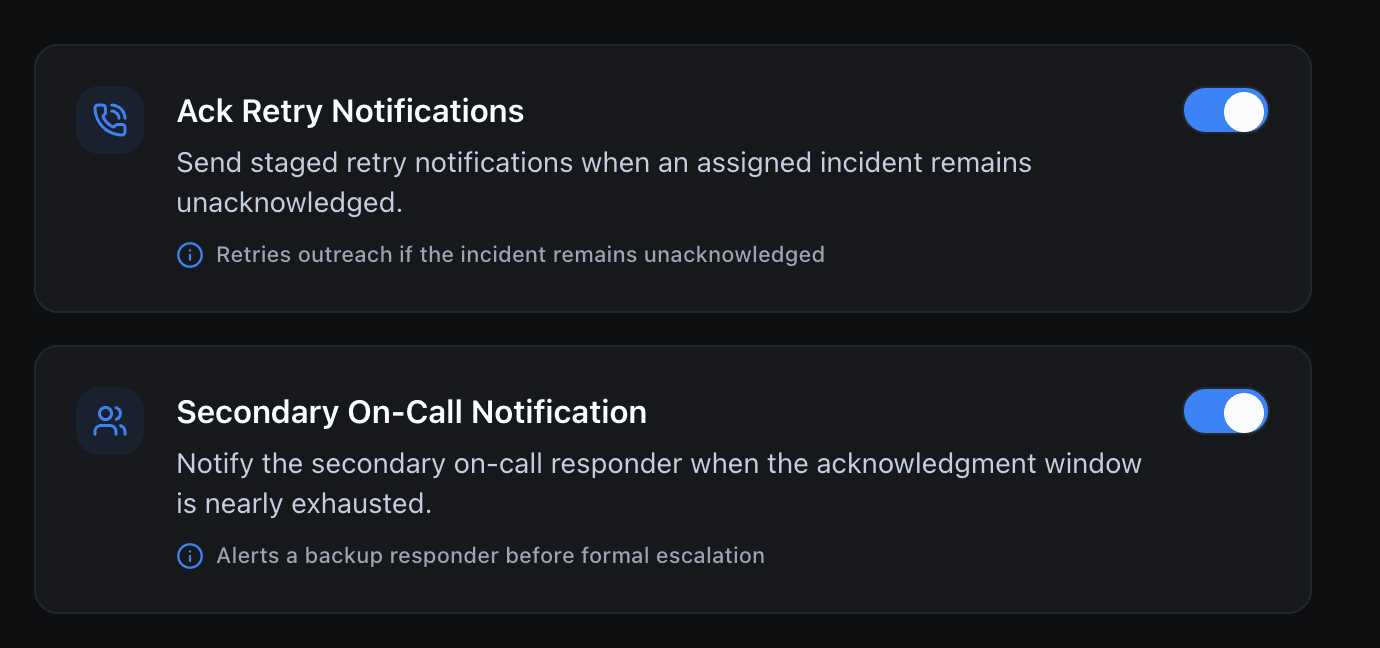 Primary call notifications and secondary on-call notification toggles