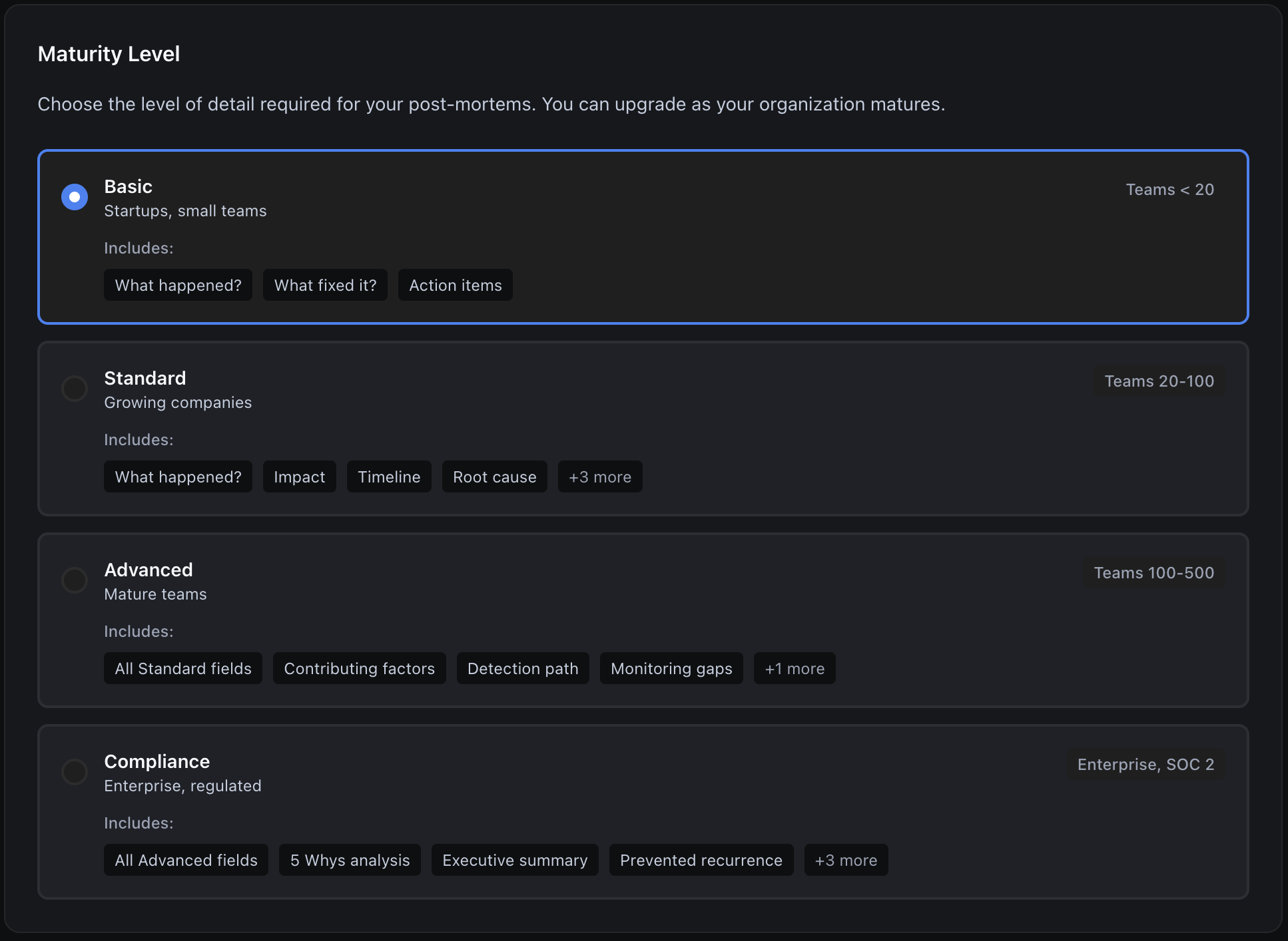 Postmortem maturity levels: Basic, Standard, Advanced, and Compliance with included fields per level
