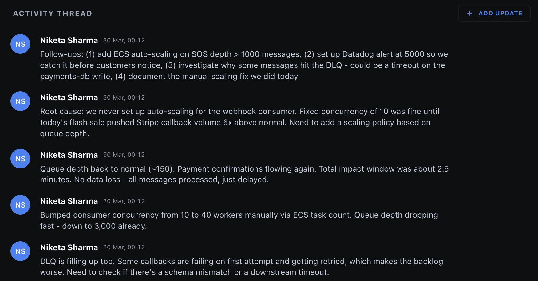 Incident activity thread with engineer comments that become the postmortem source material
